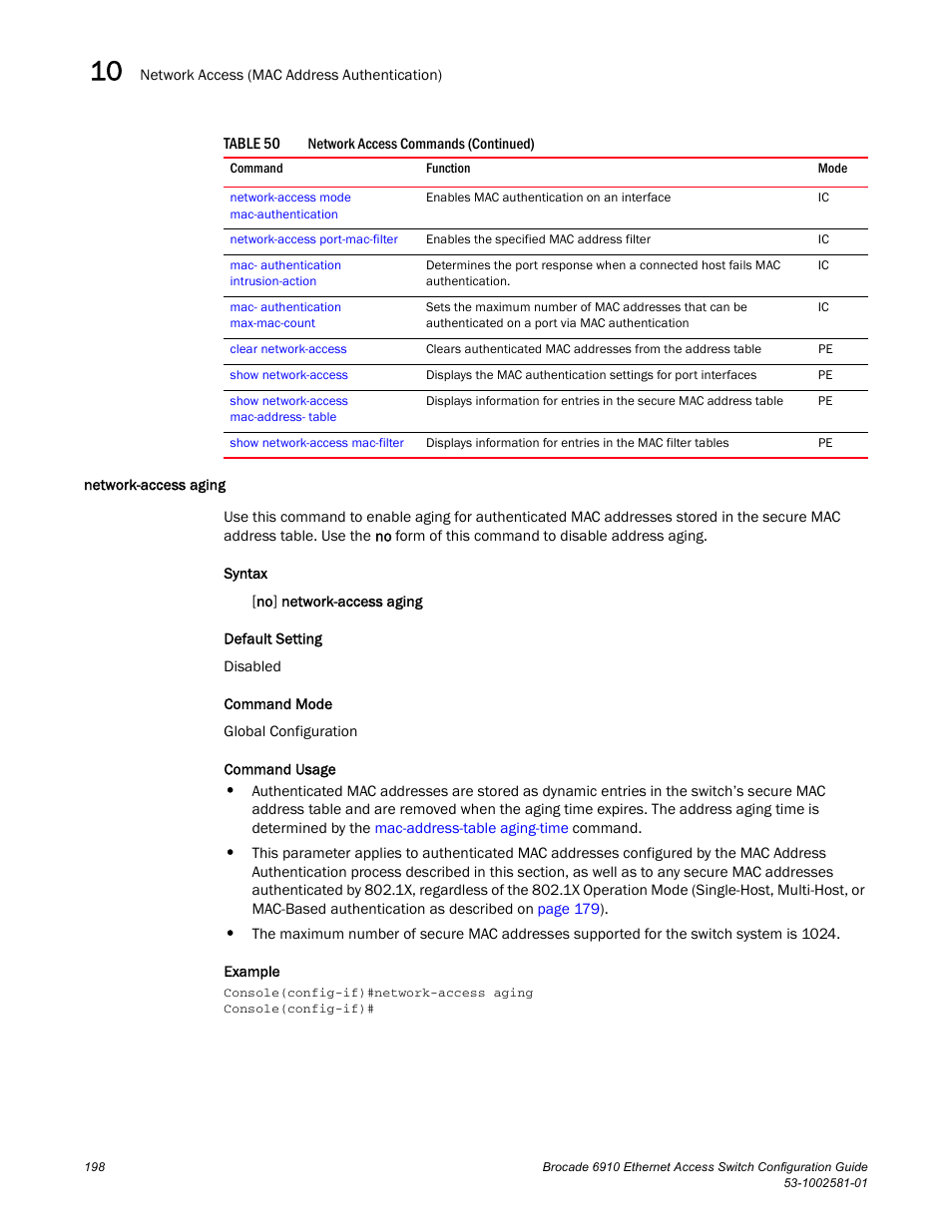 Network-access aging | Brocade Communications Systems Brocate Ethernet Access Switch 6910 User Manual | Page 248 / 1200