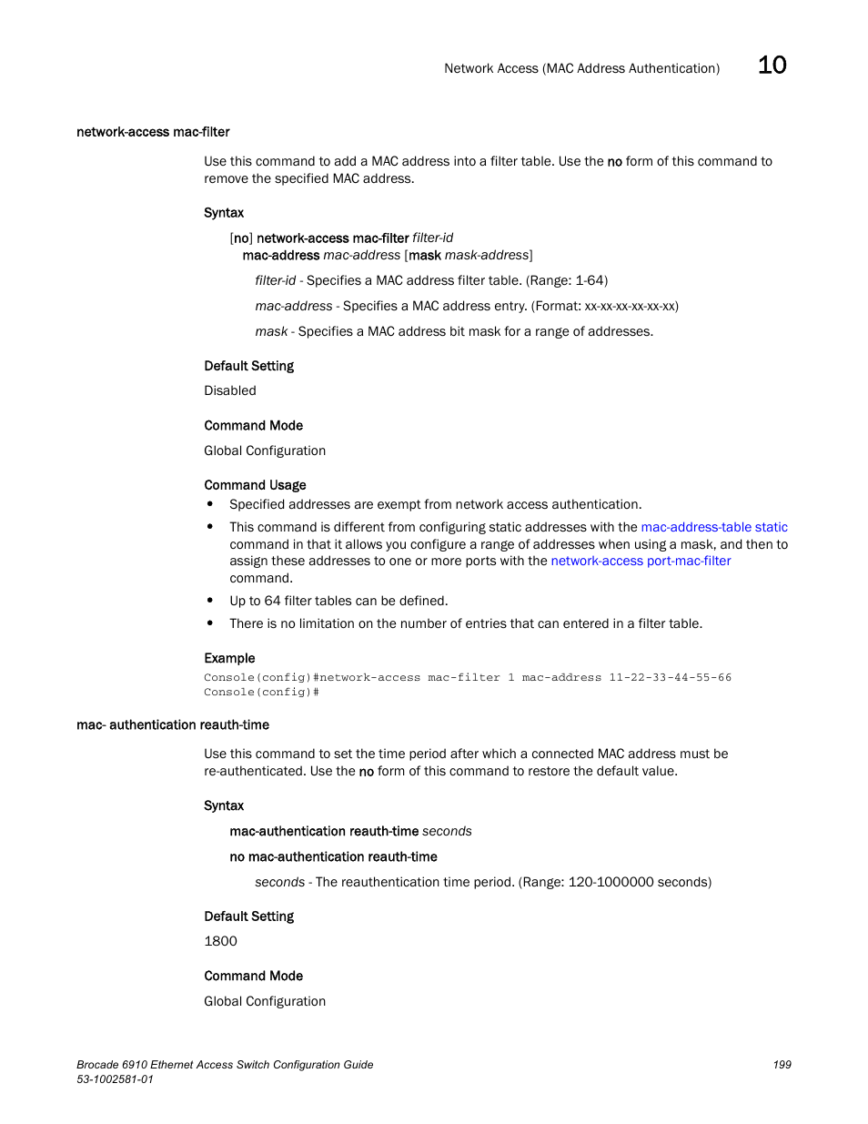 Network-access mac-filter, Mac- authentication reauth-time | Brocade Communications Systems Brocate Ethernet Access Switch 6910 User Manual | Page 249 / 1200