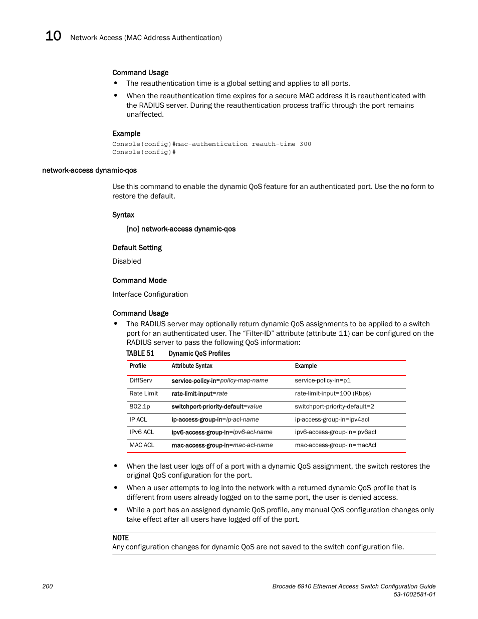 Network-access dynamic-qos, Table 51 | Brocade Communications Systems Brocate Ethernet Access Switch 6910 User Manual | Page 250 / 1200