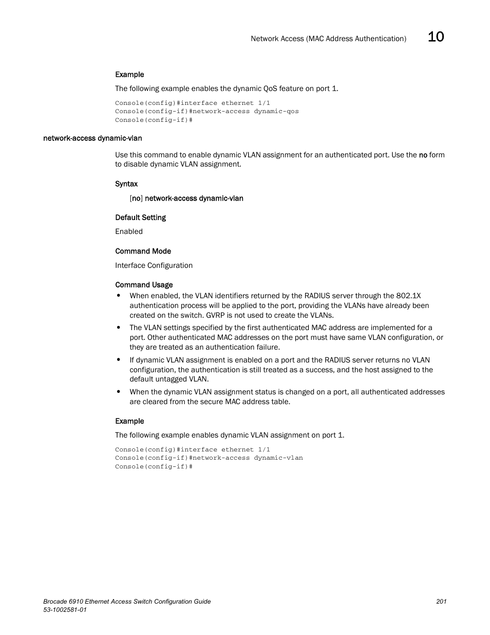 Network-access dynamic-vlan | Brocade Communications Systems Brocate Ethernet Access Switch 6910 User Manual | Page 251 / 1200