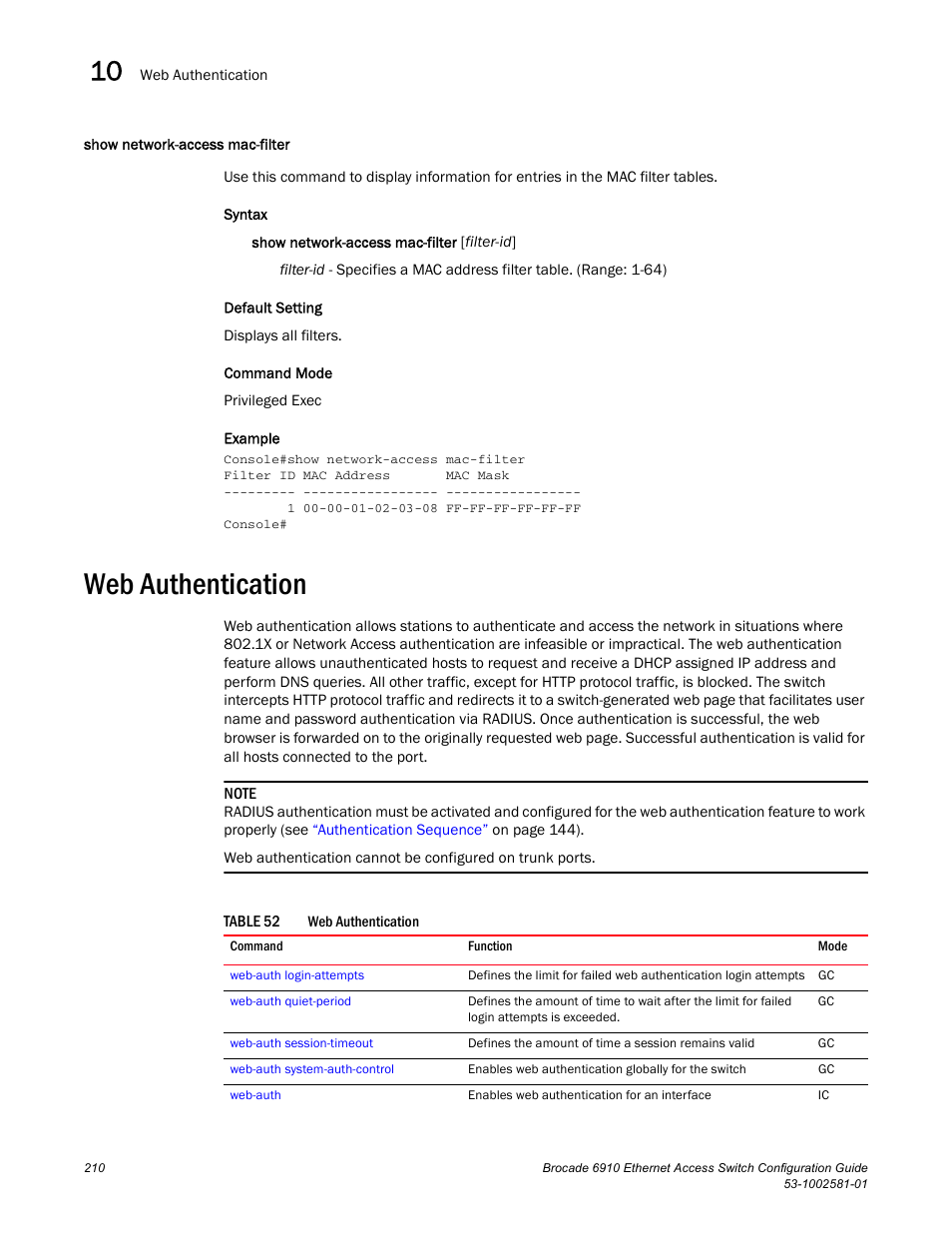 Show network-access mac-filter, Web authentication, Table 52 | Brocade Communications Systems Brocate Ethernet Access Switch 6910 User Manual | Page 260 / 1200