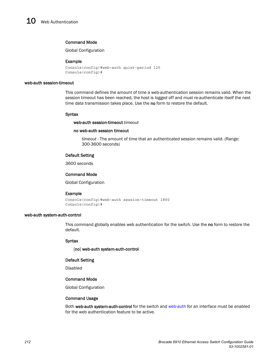 Web-auth session-timeout, Web-auth system-auth-control | Brocade Communications Systems Brocate Ethernet Access Switch 6910 User Manual | Page 262 / 1200