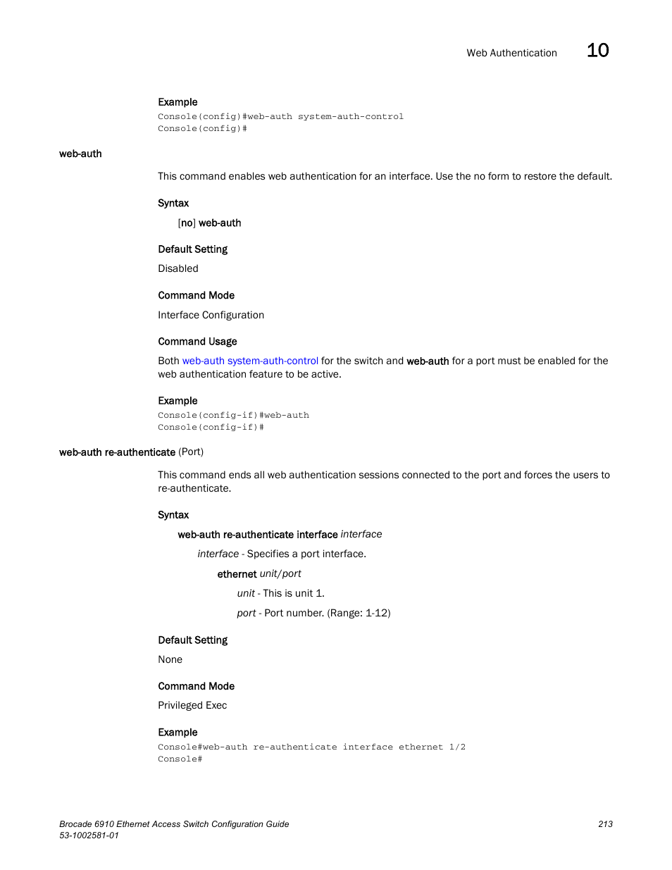 Web-auth, Web-auth re-authenticate (port), Web-auth web-auth re-authenticate (port) | Brocade Communications Systems Brocate Ethernet Access Switch 6910 User Manual | Page 263 / 1200