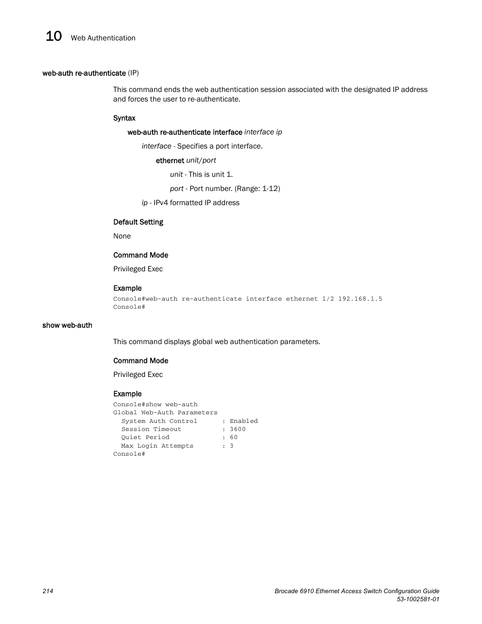 Web-auth re-authenticate (ip), Show web-auth, Web-auth re-authenticate (ip) show web-auth | Brocade Communications Systems Brocate Ethernet Access Switch 6910 User Manual | Page 264 / 1200