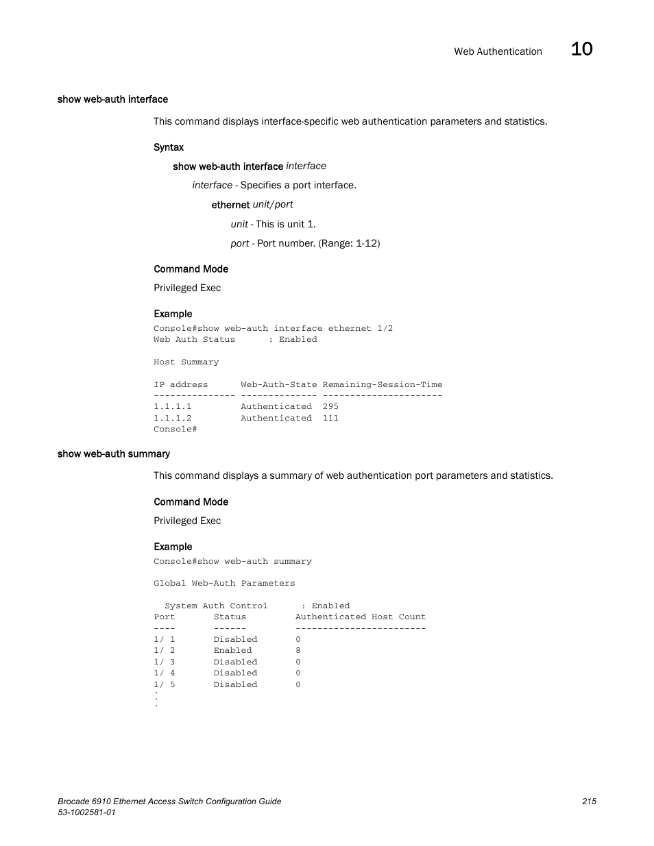 Show web-auth interface, Show web-auth summary, Show web-auth interface show web-auth summary | Brocade Communications Systems Brocate Ethernet Access Switch 6910 User Manual | Page 265 / 1200