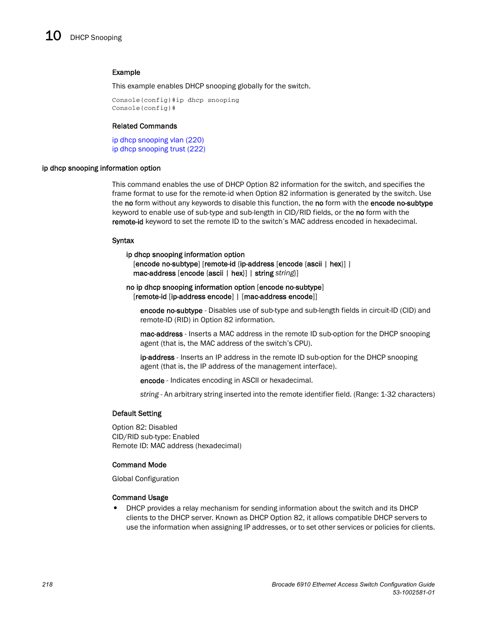 Ip dhcp snooping information option | Brocade Communications Systems Brocate Ethernet Access Switch 6910 User Manual | Page 268 / 1200