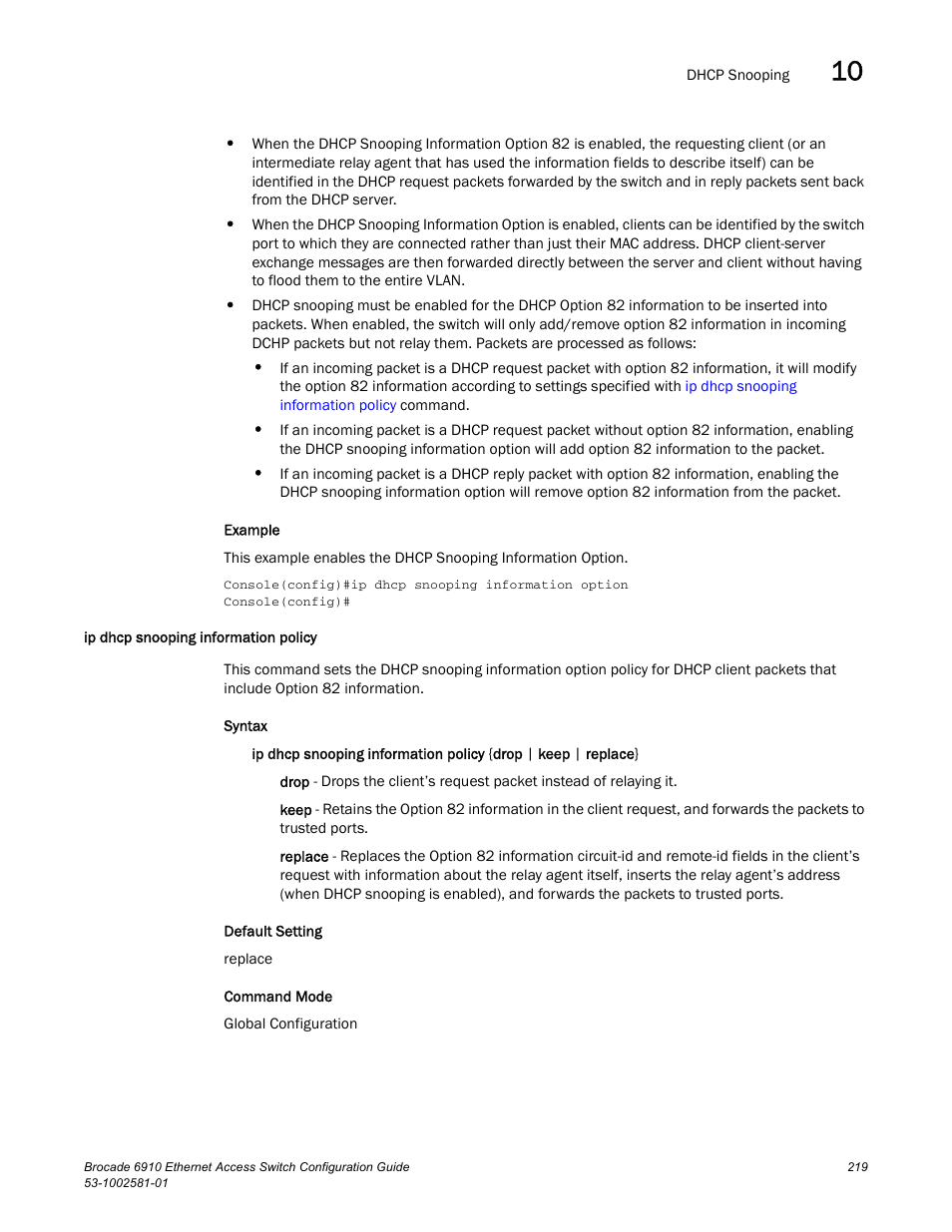 Ip dhcp snooping information policy | Brocade Communications Systems Brocate Ethernet Access Switch 6910 User Manual | Page 269 / 1200