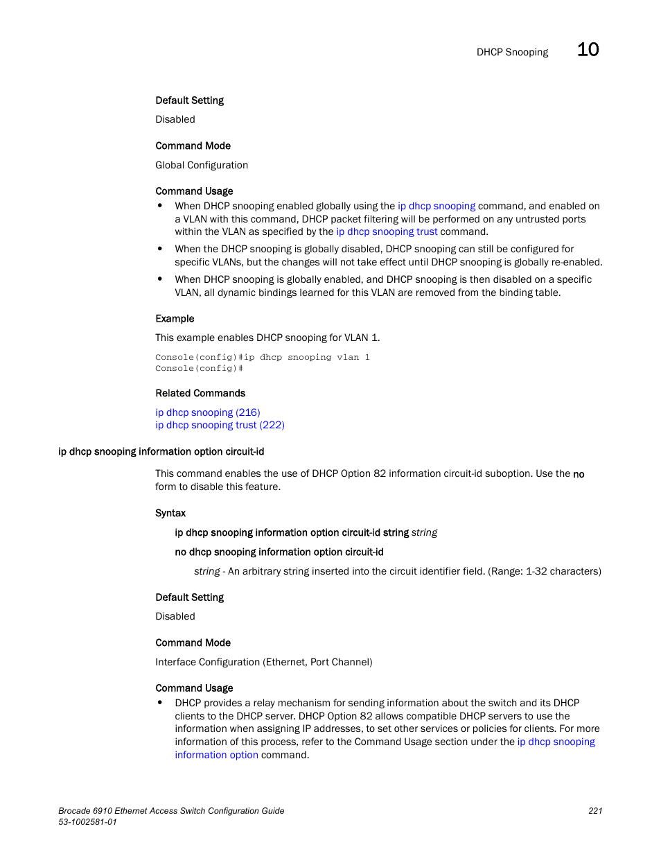 Ip dhcp snooping information option circuit-id | Brocade Communications Systems Brocate Ethernet Access Switch 6910 User Manual | Page 271 / 1200