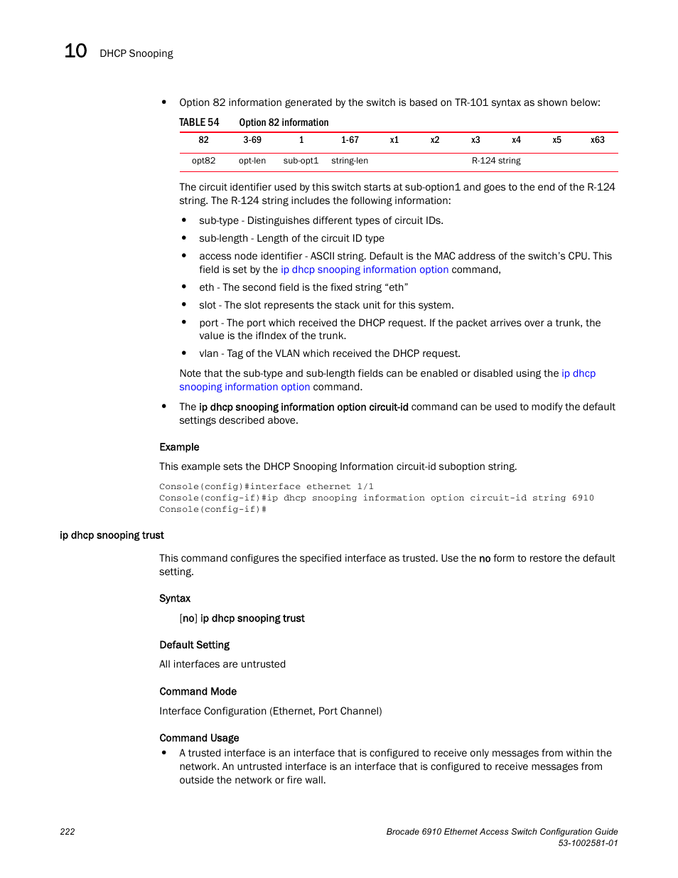 Ip dhcp snooping trust, Table 54, Ip dhcp snooping trust (222) | Brocade Communications Systems Brocate Ethernet Access Switch 6910 User Manual | Page 272 / 1200