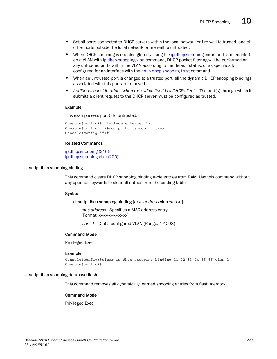 Clear ip dhcp snooping binding, Clear ip dhcp snooping database flash | Brocade Communications Systems Brocate Ethernet Access Switch 6910 User Manual | Page 273 / 1200