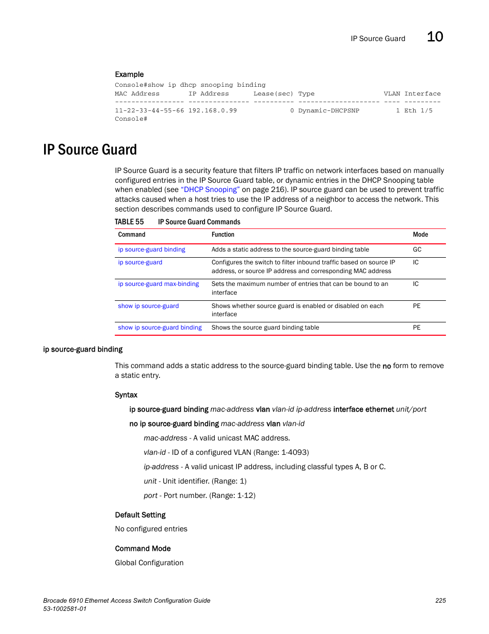 Ip source guard, Ip source-guard binding, Table 55 | Brocade Communications Systems Brocate Ethernet Access Switch 6910 User Manual | Page 275 / 1200