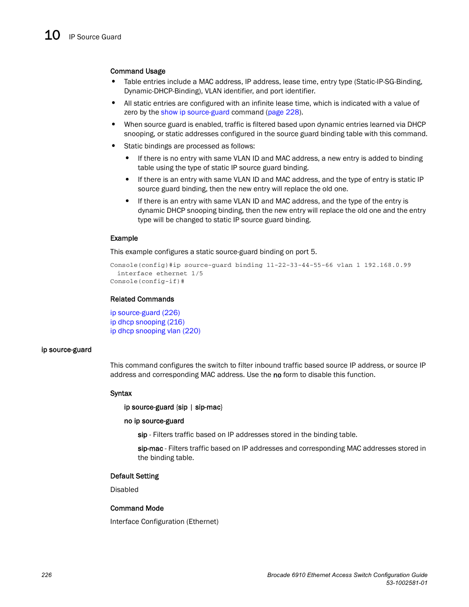 Ip source-guard | Brocade Communications Systems Brocate Ethernet Access Switch 6910 User Manual | Page 276 / 1200