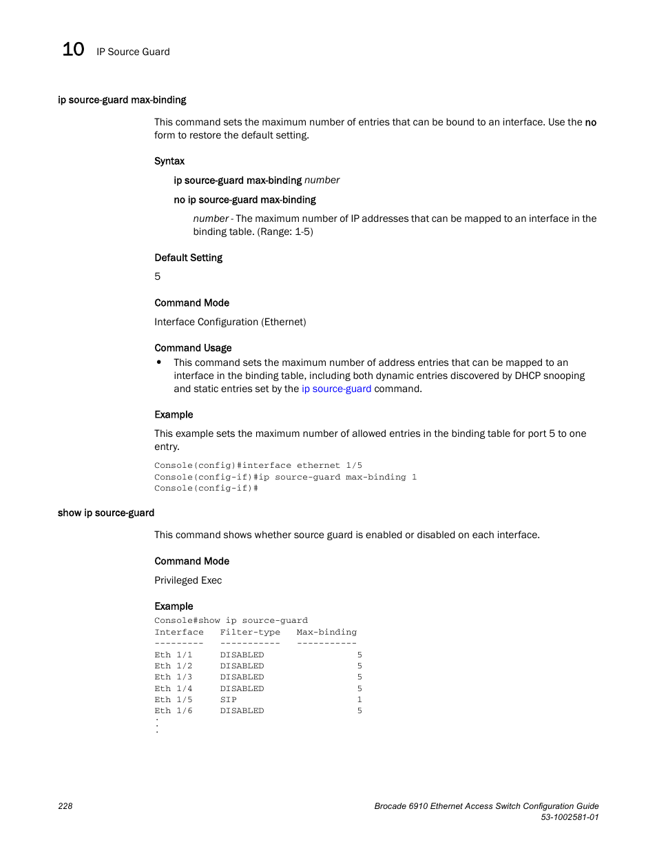 Ip source-guard max-binding, Show ip source-guard, Ip source-guard max-binding show ip source-guard | Brocade Communications Systems Brocate Ethernet Access Switch 6910 User Manual | Page 278 / 1200