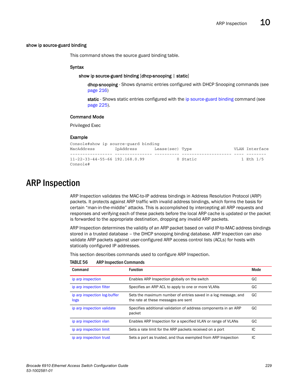 Show ip source-guard binding, Arp inspection, Table 56 | Brocade Communications Systems Brocate Ethernet Access Switch 6910 User Manual | Page 279 / 1200