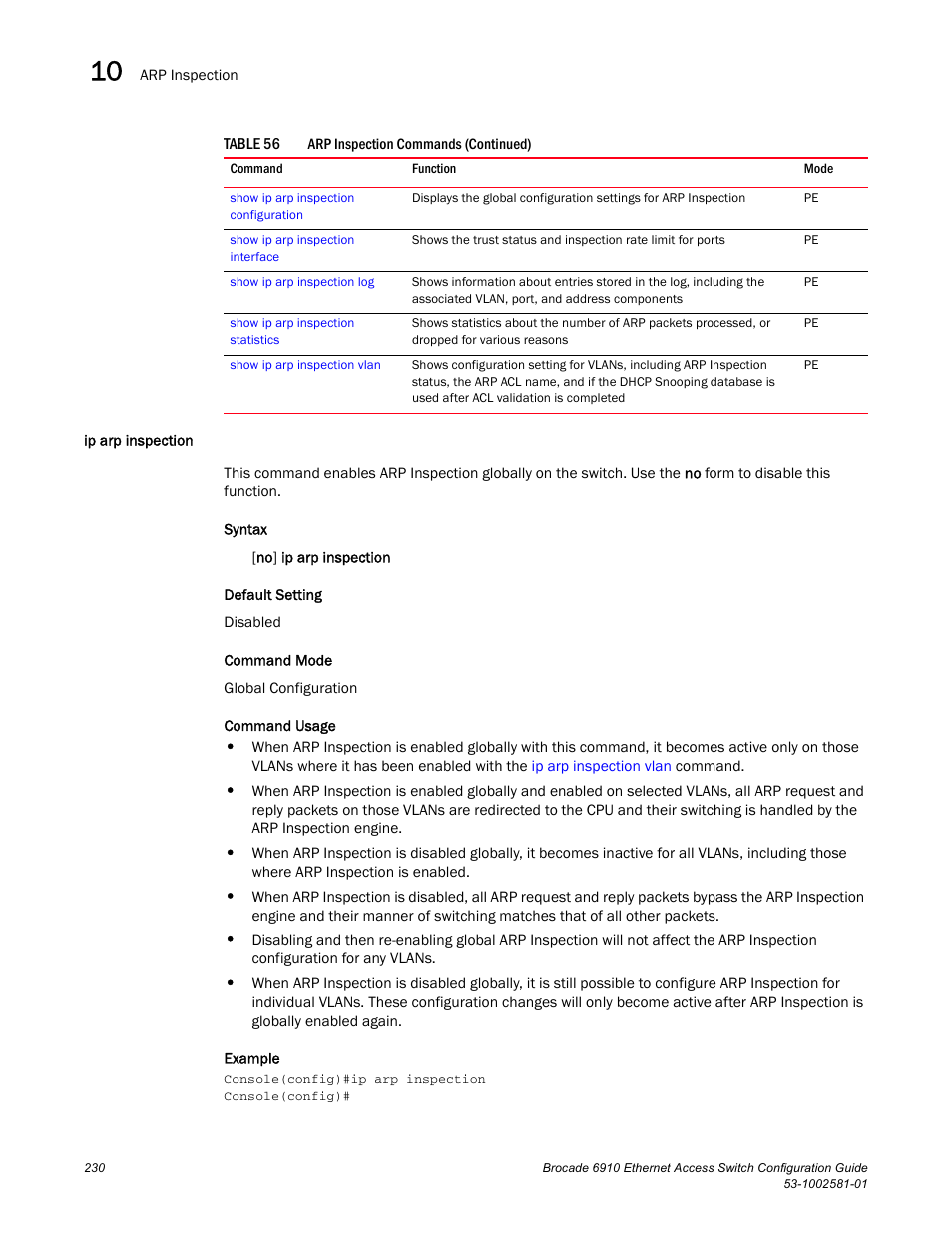 Ip arp inspection | Brocade Communications Systems Brocate Ethernet Access Switch 6910 User Manual | Page 280 / 1200