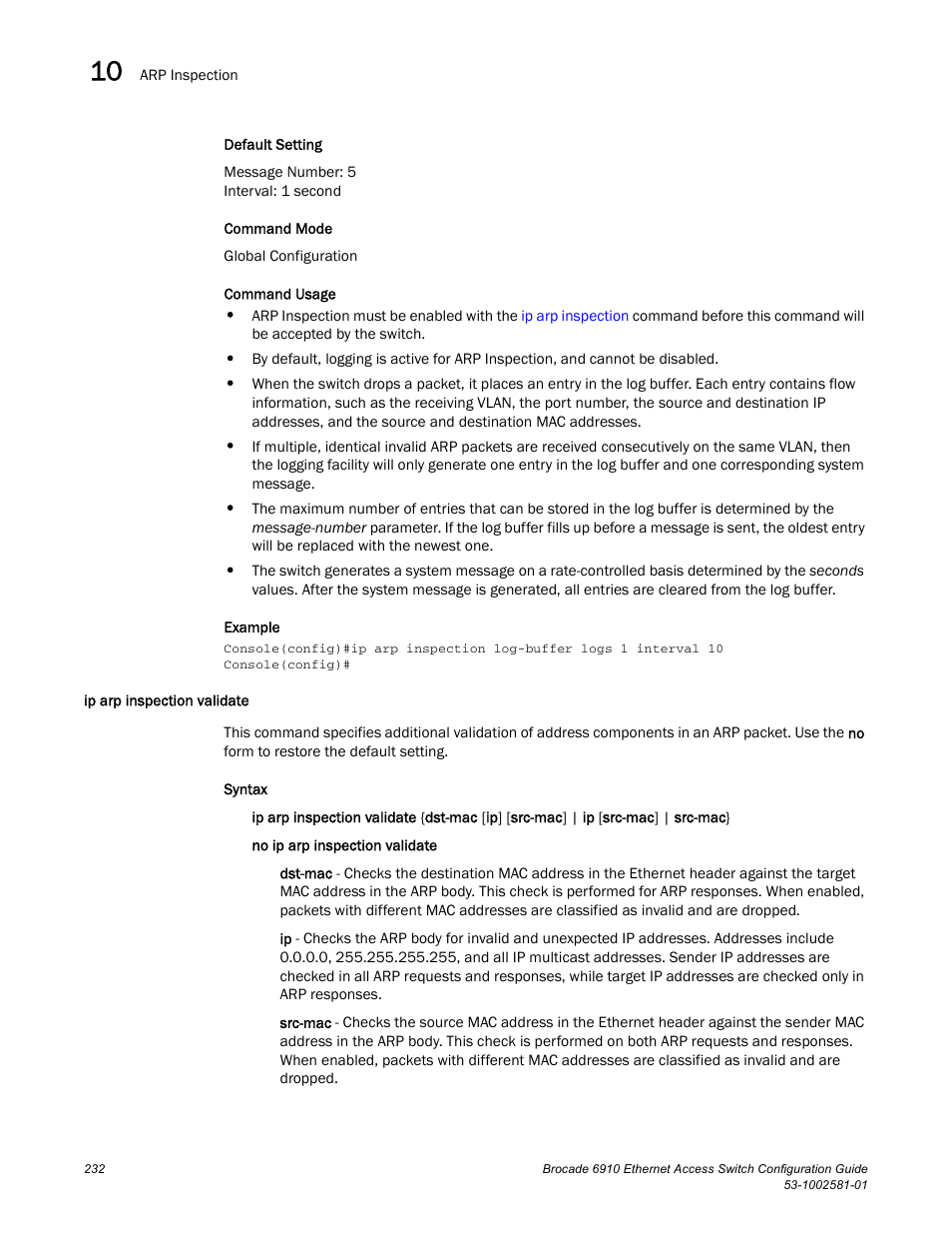 Ip arp inspection validate | Brocade Communications Systems Brocate Ethernet Access Switch 6910 User Manual | Page 282 / 1200