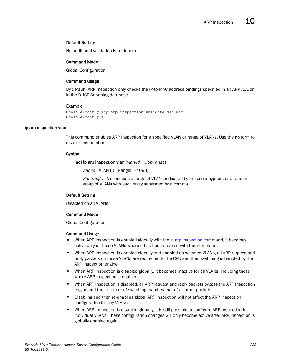 Ip arp inspection vlan | Brocade Communications Systems Brocate Ethernet Access Switch 6910 User Manual | Page 283 / 1200