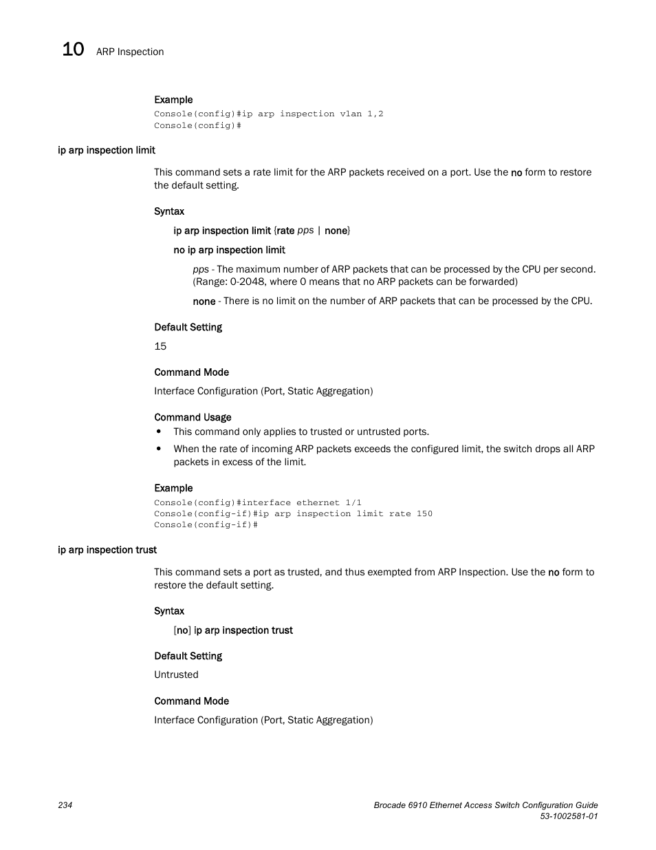 Ip arp inspection limit, Ip arp inspection trust, Ip arp inspection limit ip arp inspection trust | Brocade Communications Systems Brocate Ethernet Access Switch 6910 User Manual | Page 284 / 1200