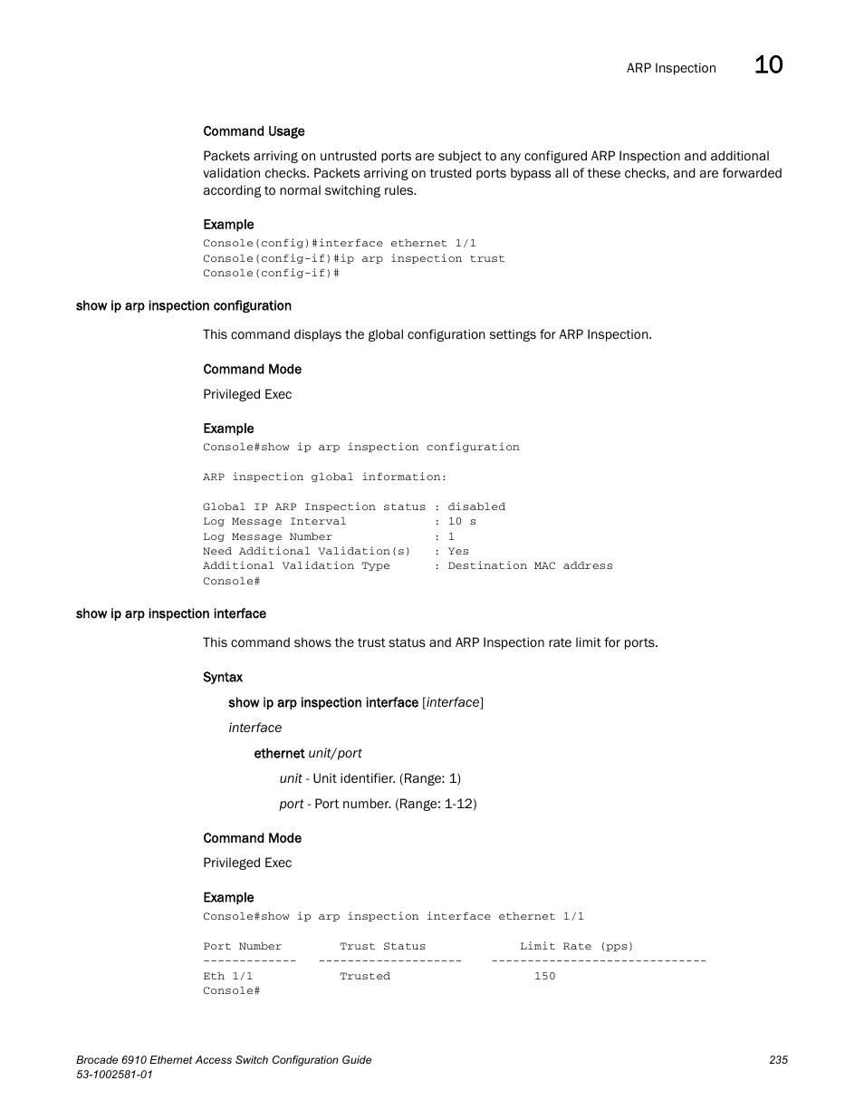 Show ip arp inspection configuration, Show ip arp inspection interface | Brocade Communications Systems Brocate Ethernet Access Switch 6910 User Manual | Page 285 / 1200