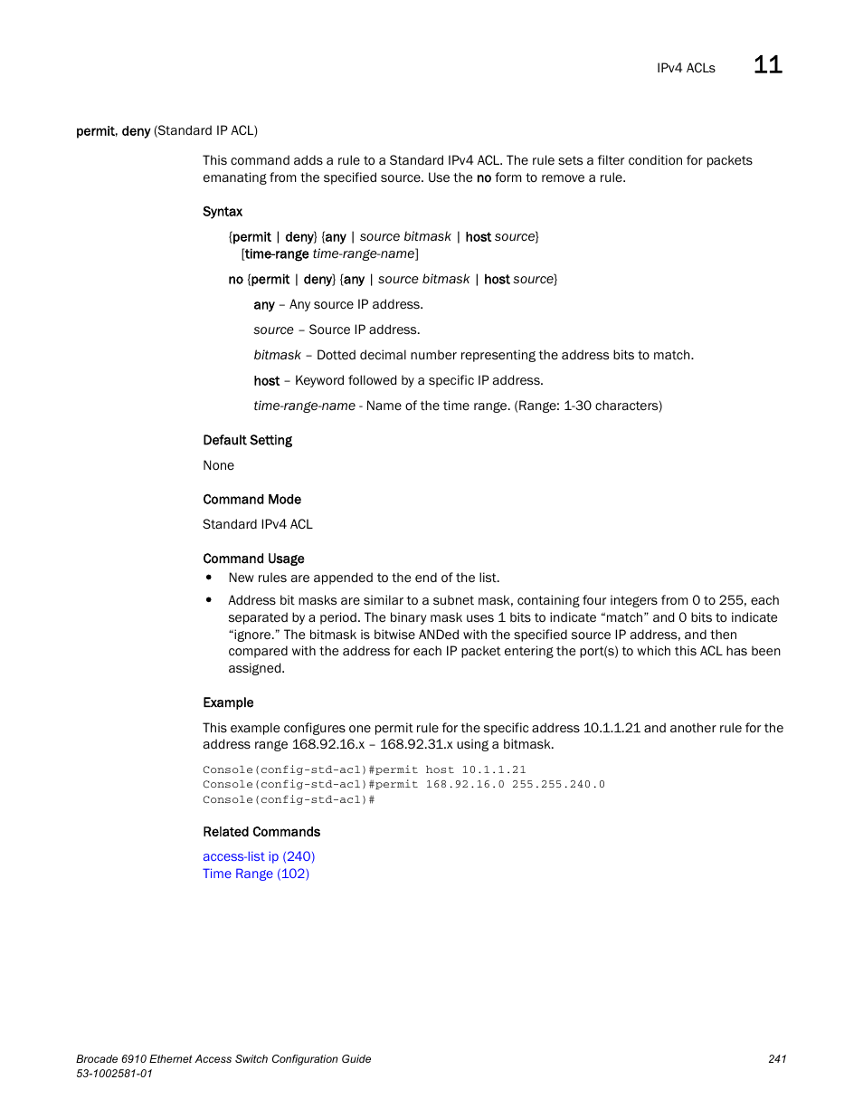 Permit, deny (standard ip acl), Permit, deny | Brocade Communications Systems Brocate Ethernet Access Switch 6910 User Manual | Page 291 / 1200