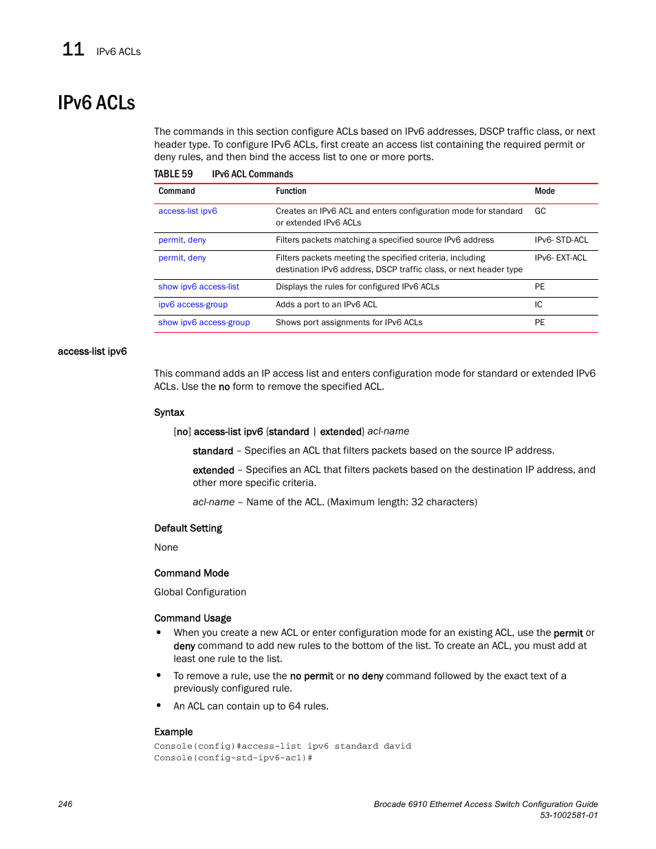 Ipv6 acls, Access-list ipv6, Table 59 | Brocade Communications Systems Brocate Ethernet Access Switch 6910 User Manual | Page 296 / 1200