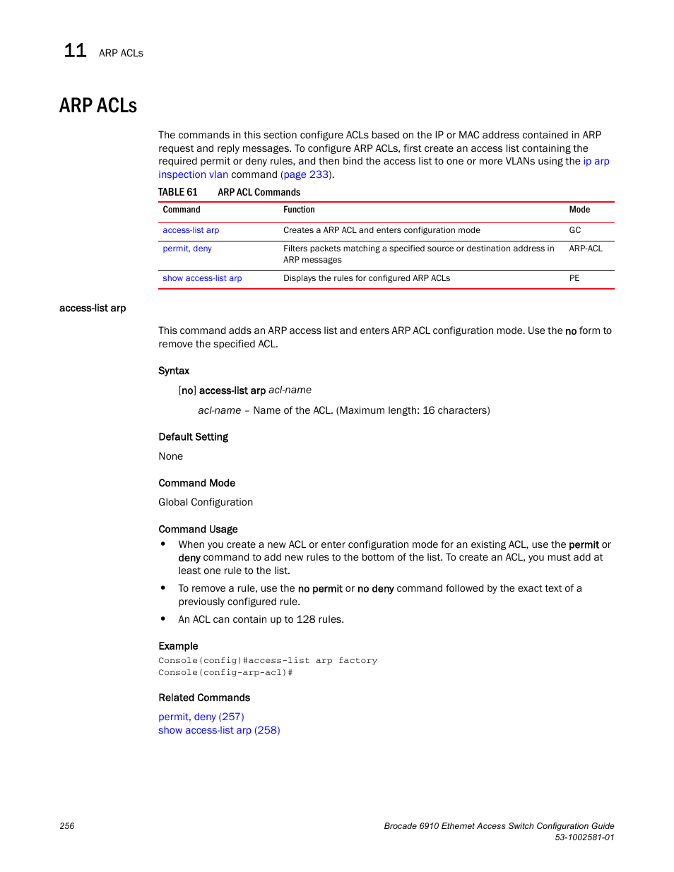 Arp acls, Access-list arp, Table 61 | Brocade Communications Systems Brocate Ethernet Access Switch 6910 User Manual | Page 306 / 1200