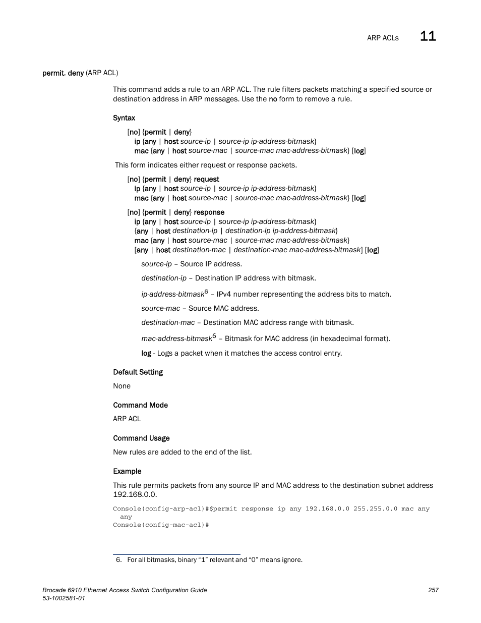 Permit, deny (arp acl), Permit, deny (257, Permit, deny | Brocade Communications Systems Brocate Ethernet Access Switch 6910 User Manual | Page 307 / 1200