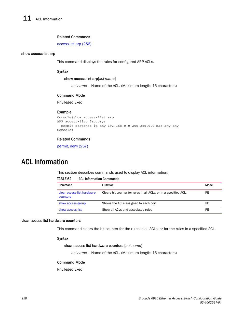 Show access-list arp, Acl information, Clear access-list hardware counters | Table 62, Show access-list arp (258) | Brocade Communications Systems Brocate Ethernet Access Switch 6910 User Manual | Page 308 / 1200