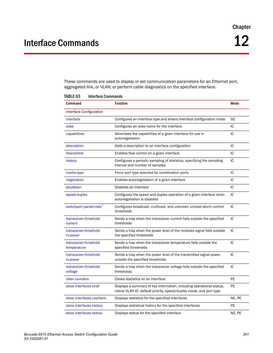 Interface commands, Chapter 12, Table 63 | Chapter | Brocade Communications Systems Brocate Ethernet Access Switch 6910 User Manual | Page 311 / 1200