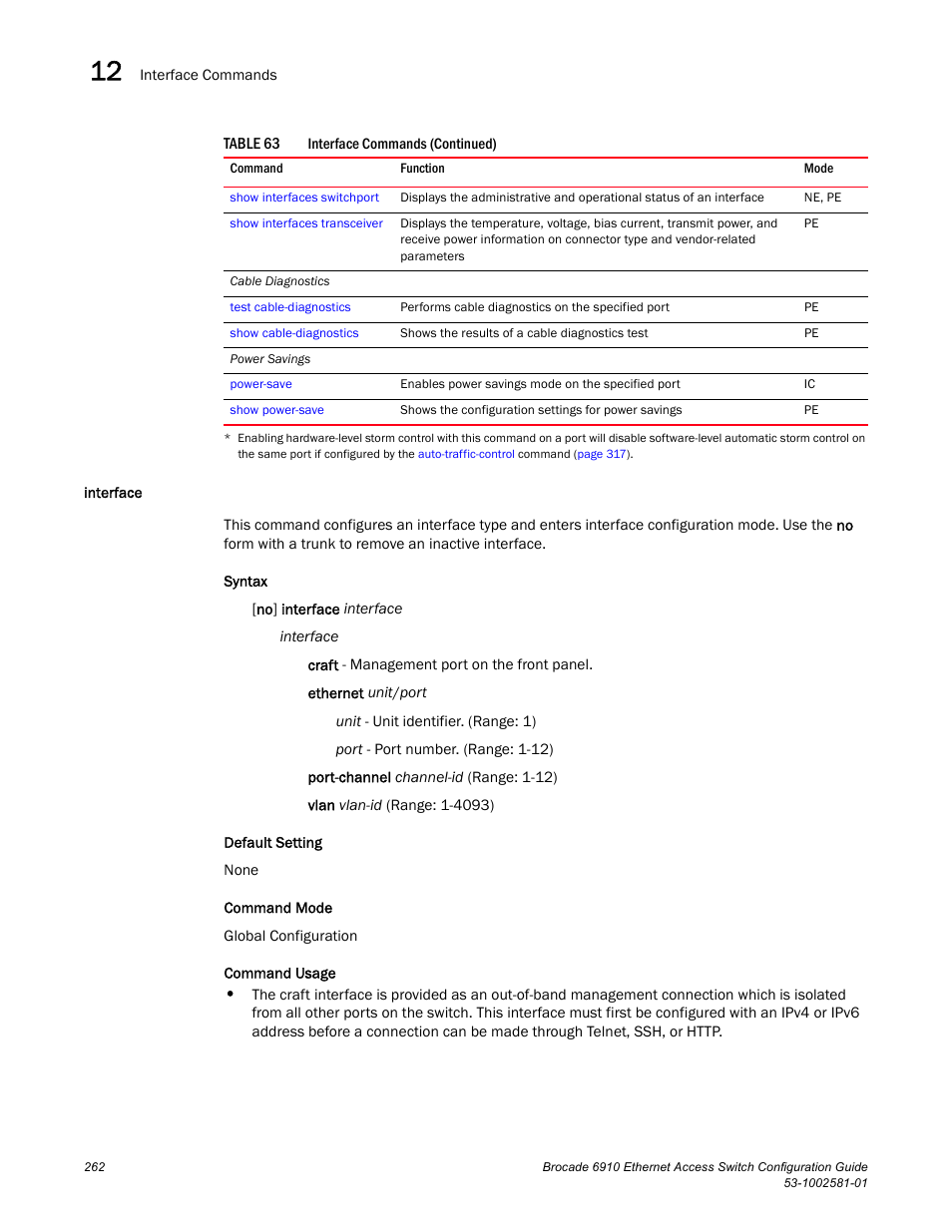 Interface | Brocade Communications Systems Brocate Ethernet Access Switch 6910 User Manual | Page 312 / 1200