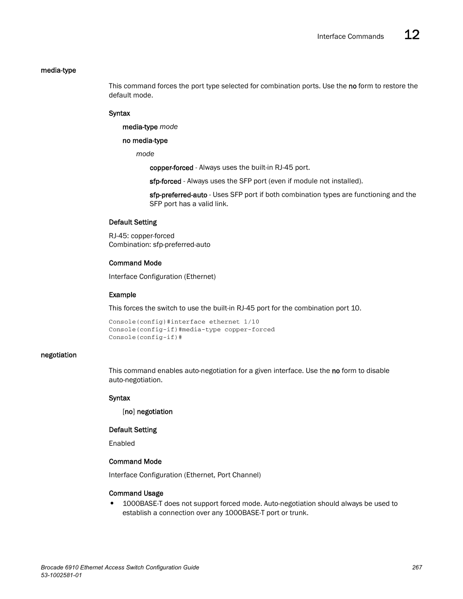 Media-type, Negotiation, Media-type negotiation | Negotiation (267) | Brocade Communications Systems Brocate Ethernet Access Switch 6910 User Manual | Page 317 / 1200