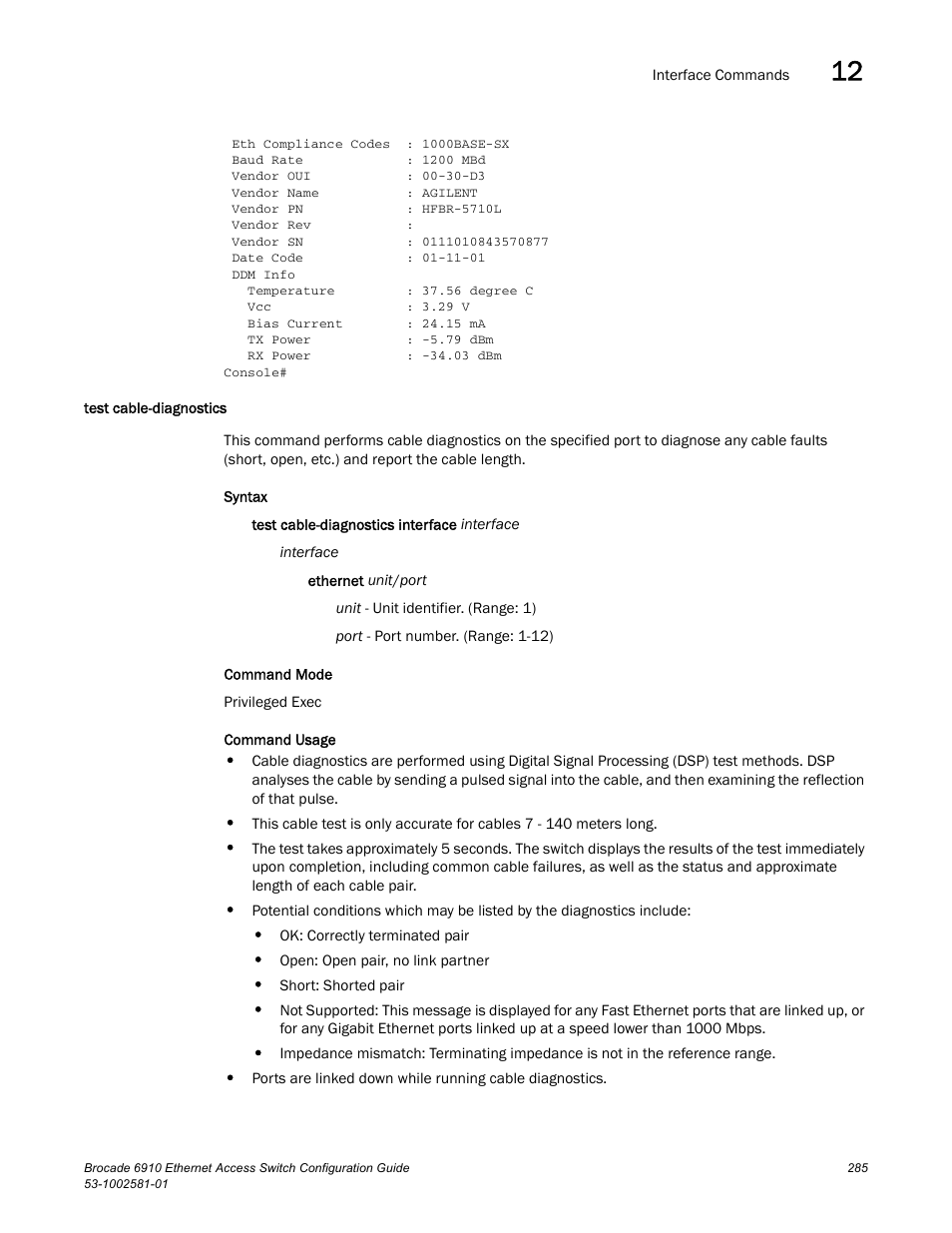 Test cable-diagnostics | Brocade Communications Systems Brocate Ethernet Access Switch 6910 User Manual | Page 335 / 1200