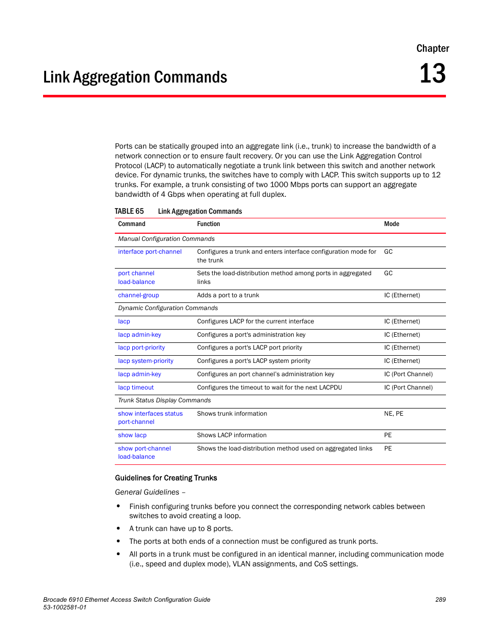 Link aggregation commands, Chapter 13, Table 65 | Chapter | Brocade Communications Systems Brocate Ethernet Access Switch 6910 User Manual | Page 339 / 1200