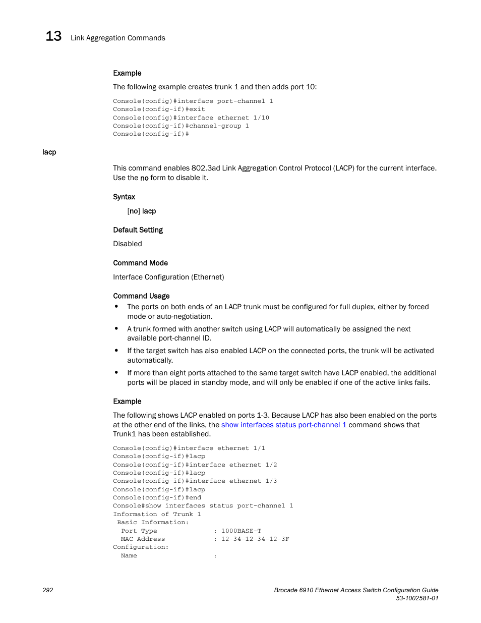Lacp | Brocade Communications Systems Brocate Ethernet Access Switch 6910 User Manual | Page 342 / 1200