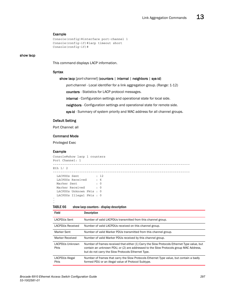Show lacp, Table 66 | Brocade Communications Systems Brocate Ethernet Access Switch 6910 User Manual | Page 347 / 1200