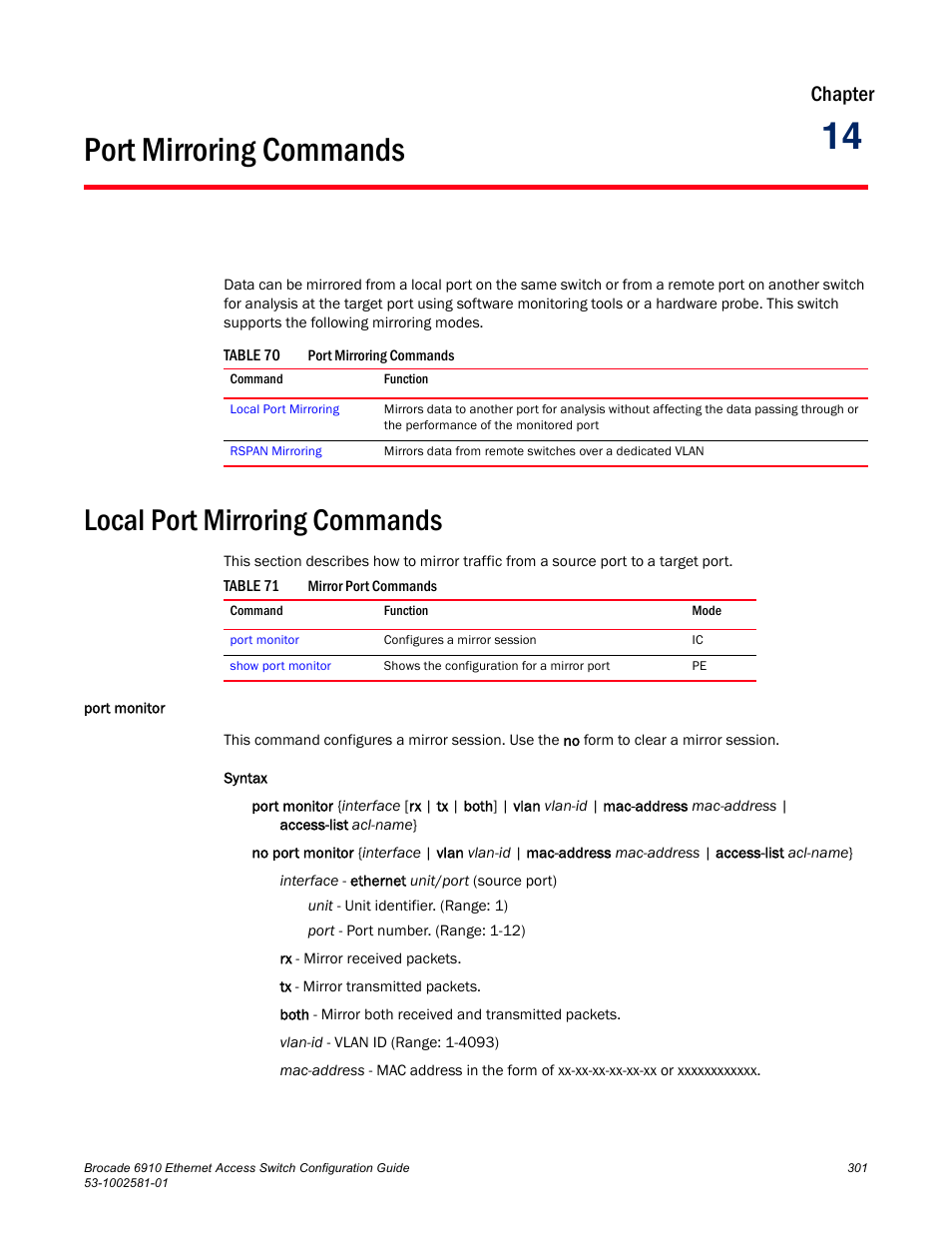 Port mirroring commands, Local port mirroring commands, Port monitor | Chapter 14, Table 70, Table 71, Chapter | Brocade Communications Systems Brocate Ethernet Access Switch 6910 User Manual | Page 351 / 1200