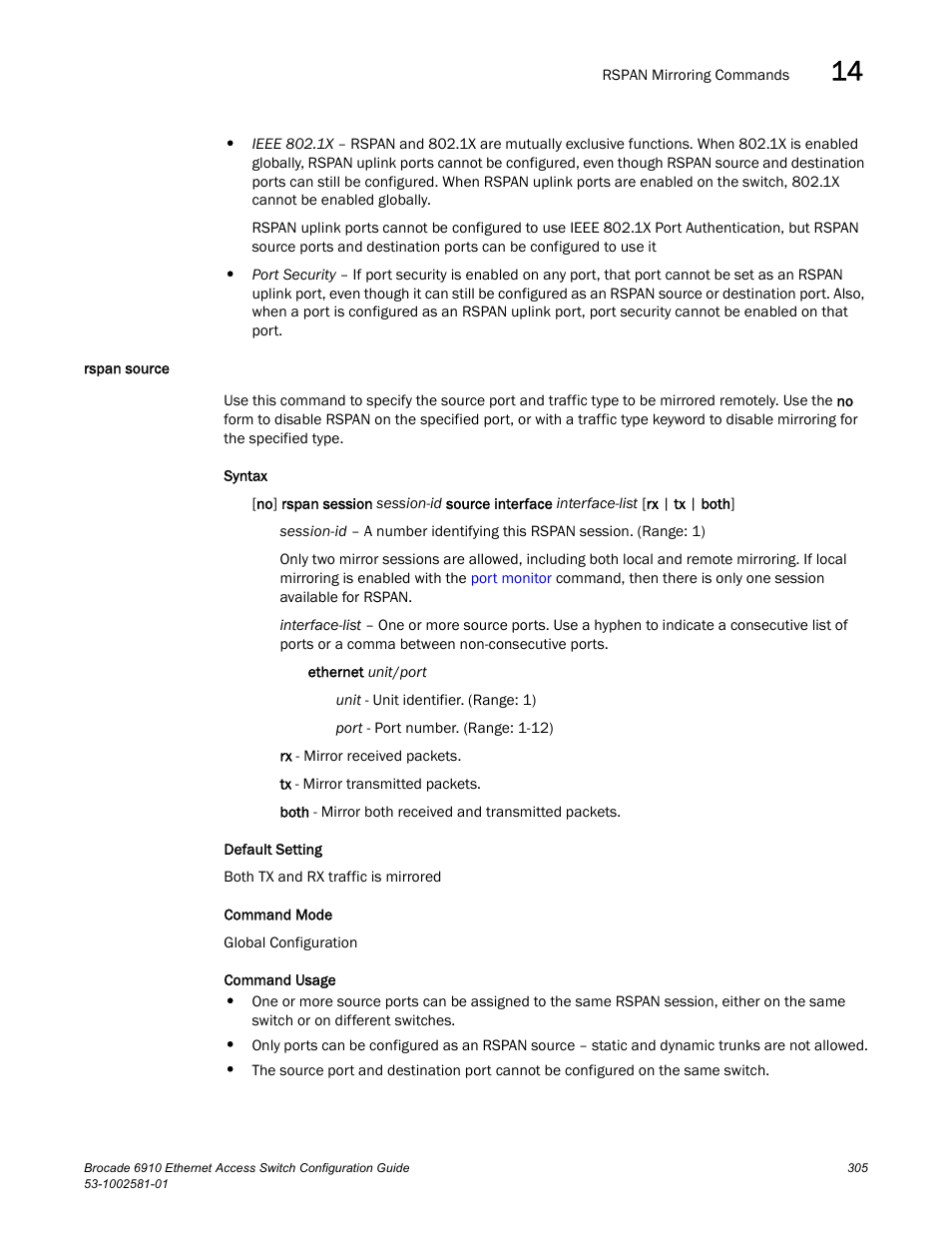 Rspan source | Brocade Communications Systems Brocate Ethernet Access Switch 6910 User Manual | Page 355 / 1200