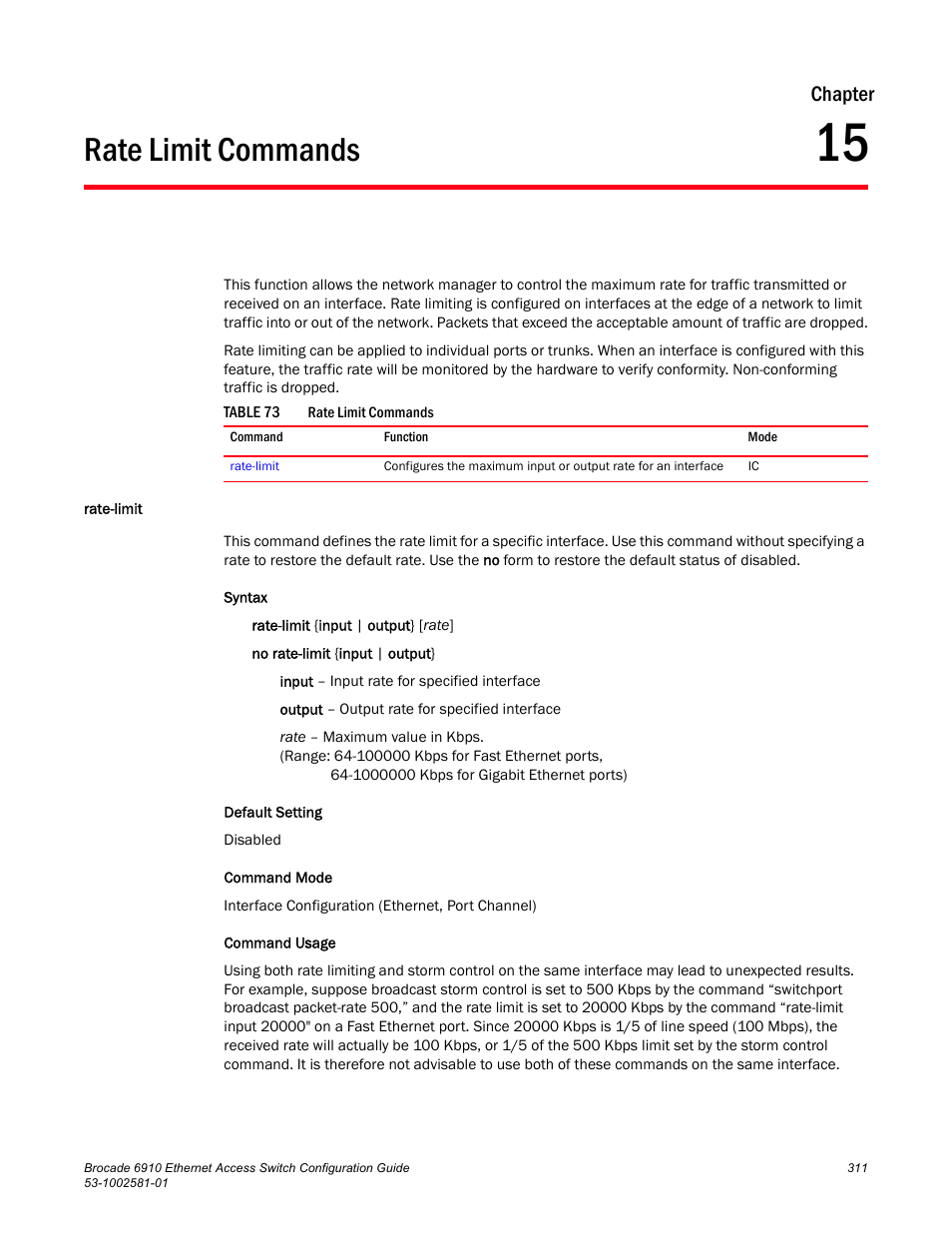 Rate limit commands, Rate-limit, Chapter 15 | Table 73, Chapter | Brocade Communications Systems Brocate Ethernet Access Switch 6910 User Manual | Page 361 / 1200