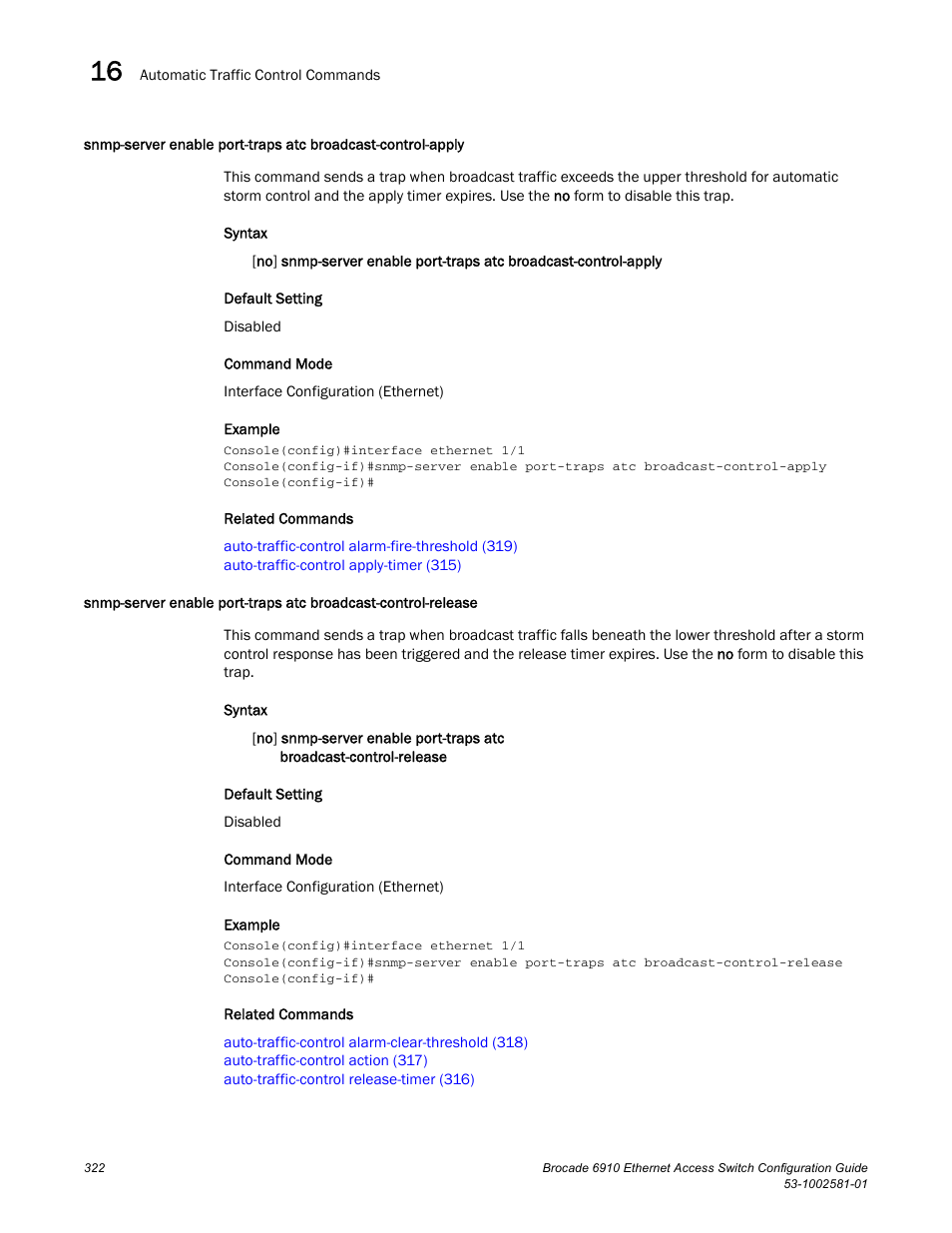 Snmp-server enable port-traps atc, Broadcast-control-apply, Broadcast-control-release | Snmp-server, Enable port-traps atc broadcast-control-apply | Brocade Communications Systems Brocate Ethernet Access Switch 6910 User Manual | Page 372 / 1200