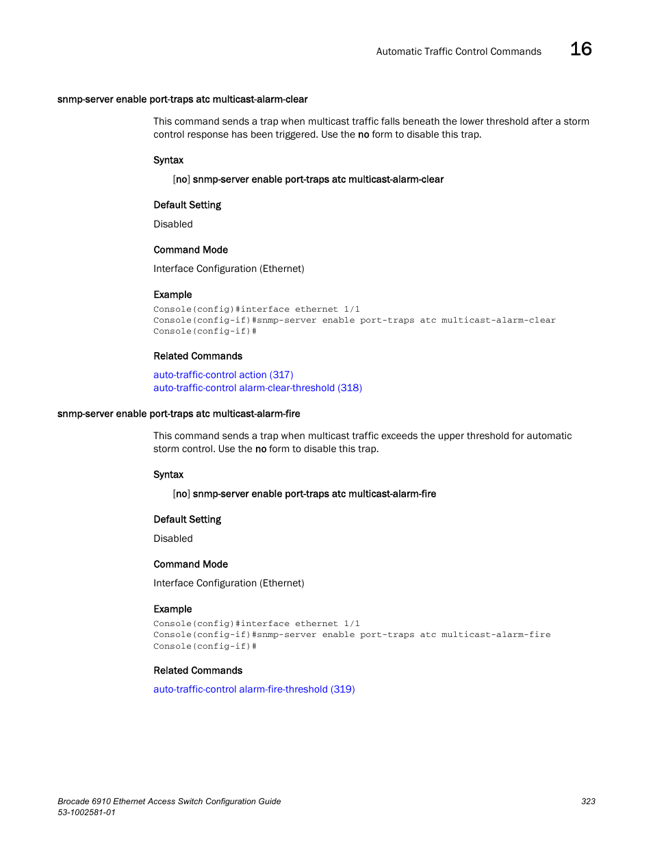 Snmp-server enable, Port-traps atc multicast-alarm-fire | Brocade Communications Systems Brocate Ethernet Access Switch 6910 User Manual | Page 373 / 1200