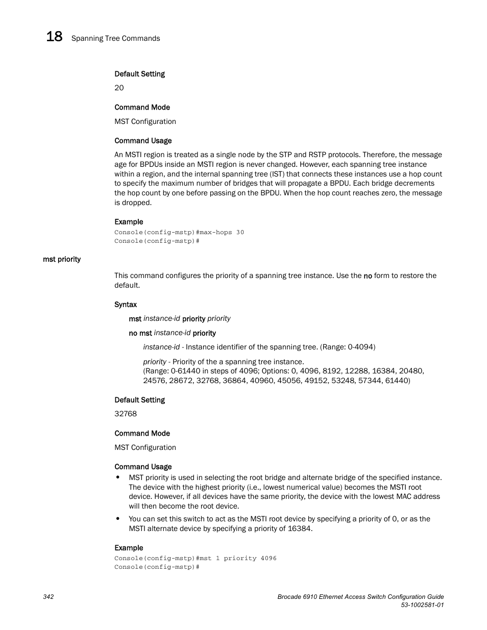 Mst priority, Mst priority (342) | Brocade Communications Systems Brocate Ethernet Access Switch 6910 User Manual | Page 392 / 1200