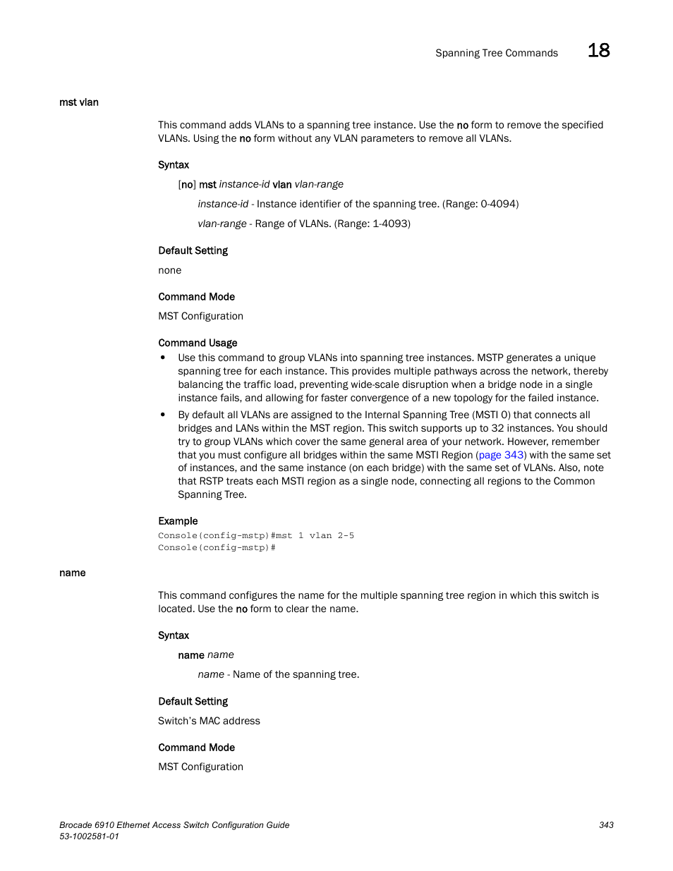 Mst vlan, Name, Mst vlan name | Mst vlan (343), Name (343) | Brocade Communications Systems Brocate Ethernet Access Switch 6910 User Manual | Page 393 / 1200