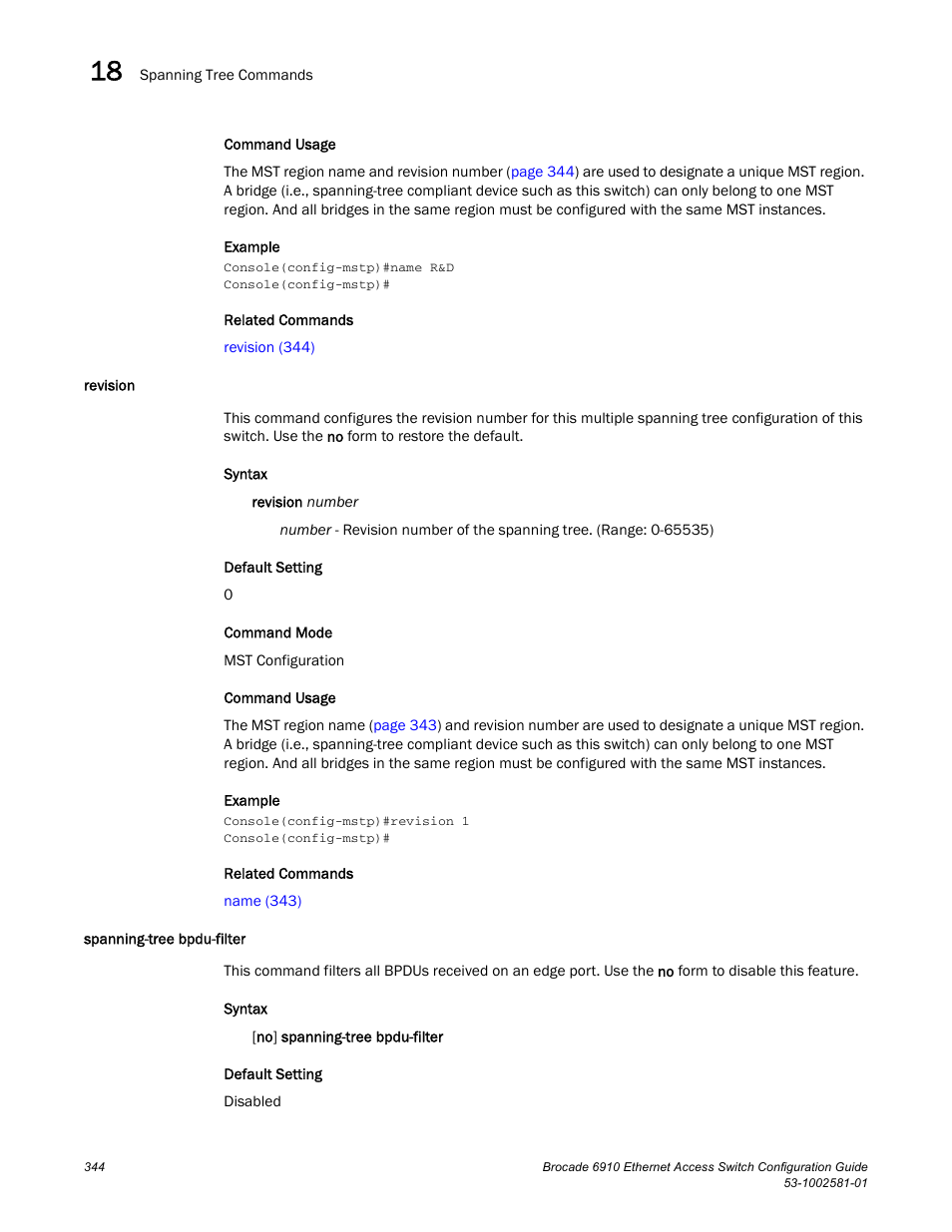 Revision, Spanning-tree bpdu-filter, Revision spanning-tree bpdu-filter | Revision (344) | Brocade Communications Systems Brocate Ethernet Access Switch 6910 User Manual | Page 394 / 1200