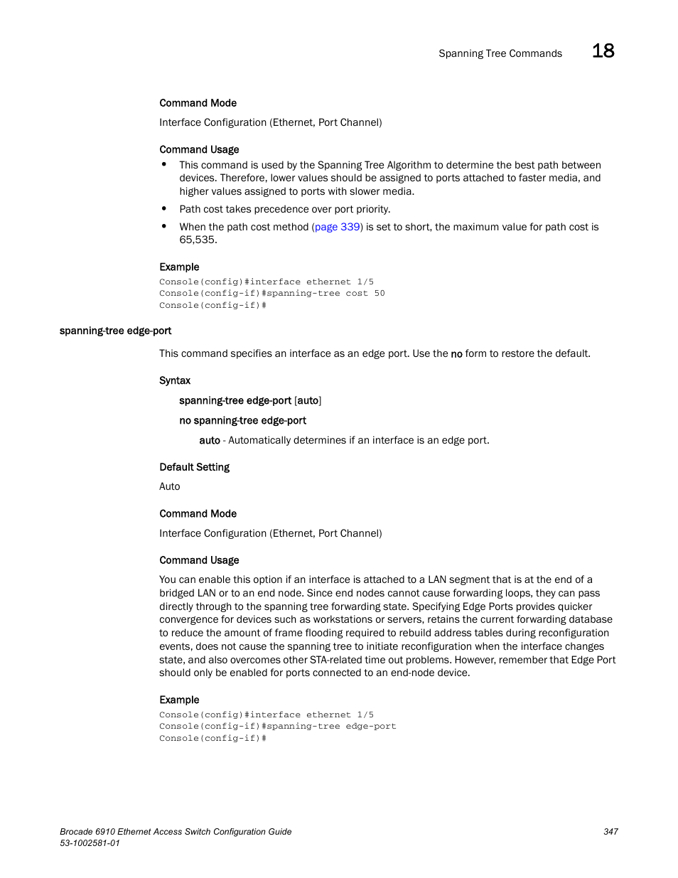 Spanning-tree edge-port, Spanning-tree edge-port (347), Command | Brocade Communications Systems Brocate Ethernet Access Switch 6910 User Manual | Page 397 / 1200