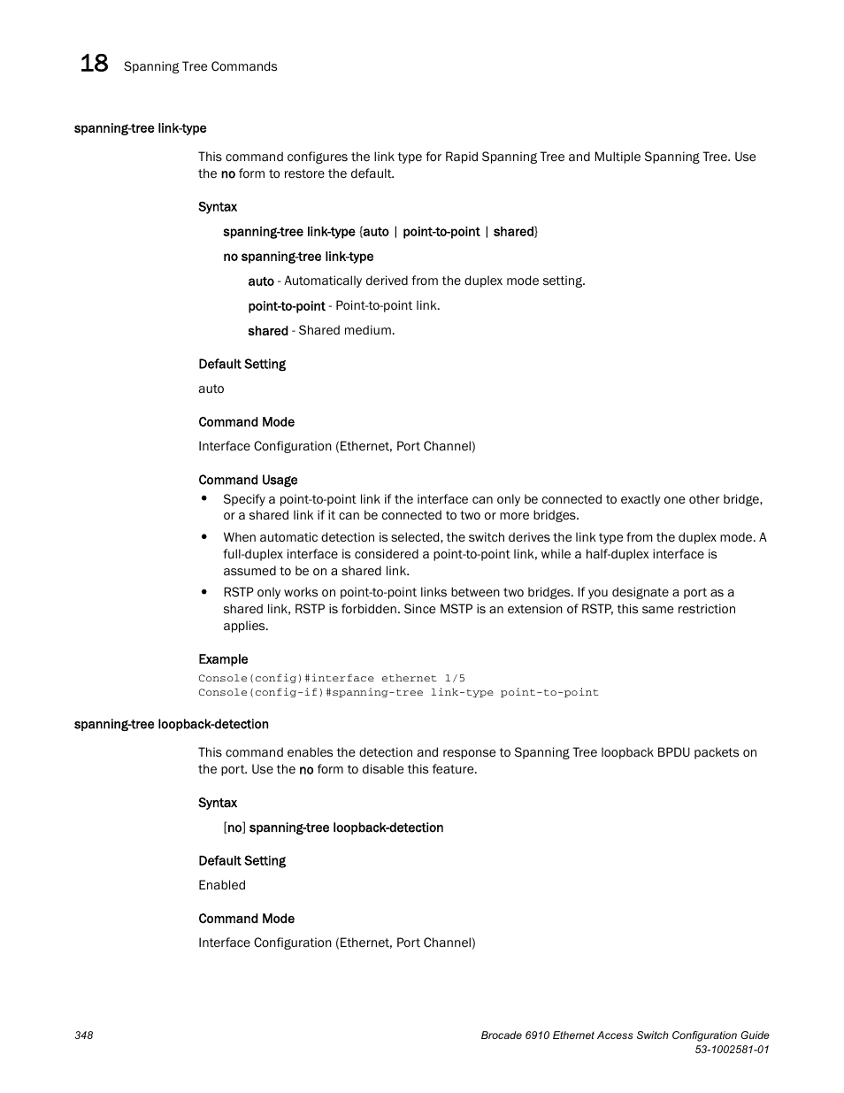 Spanning-tree link-type, Spanning-tree loopback-detection | Brocade Communications Systems Brocate Ethernet Access Switch 6910 User Manual | Page 398 / 1200