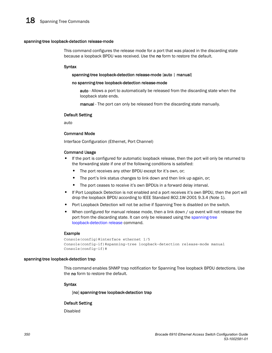 Spanning-tree loopback-detection release-mode, Spanning-tree loopback-detection trap | Brocade Communications Systems Brocate Ethernet Access Switch 6910 User Manual | Page 400 / 1200