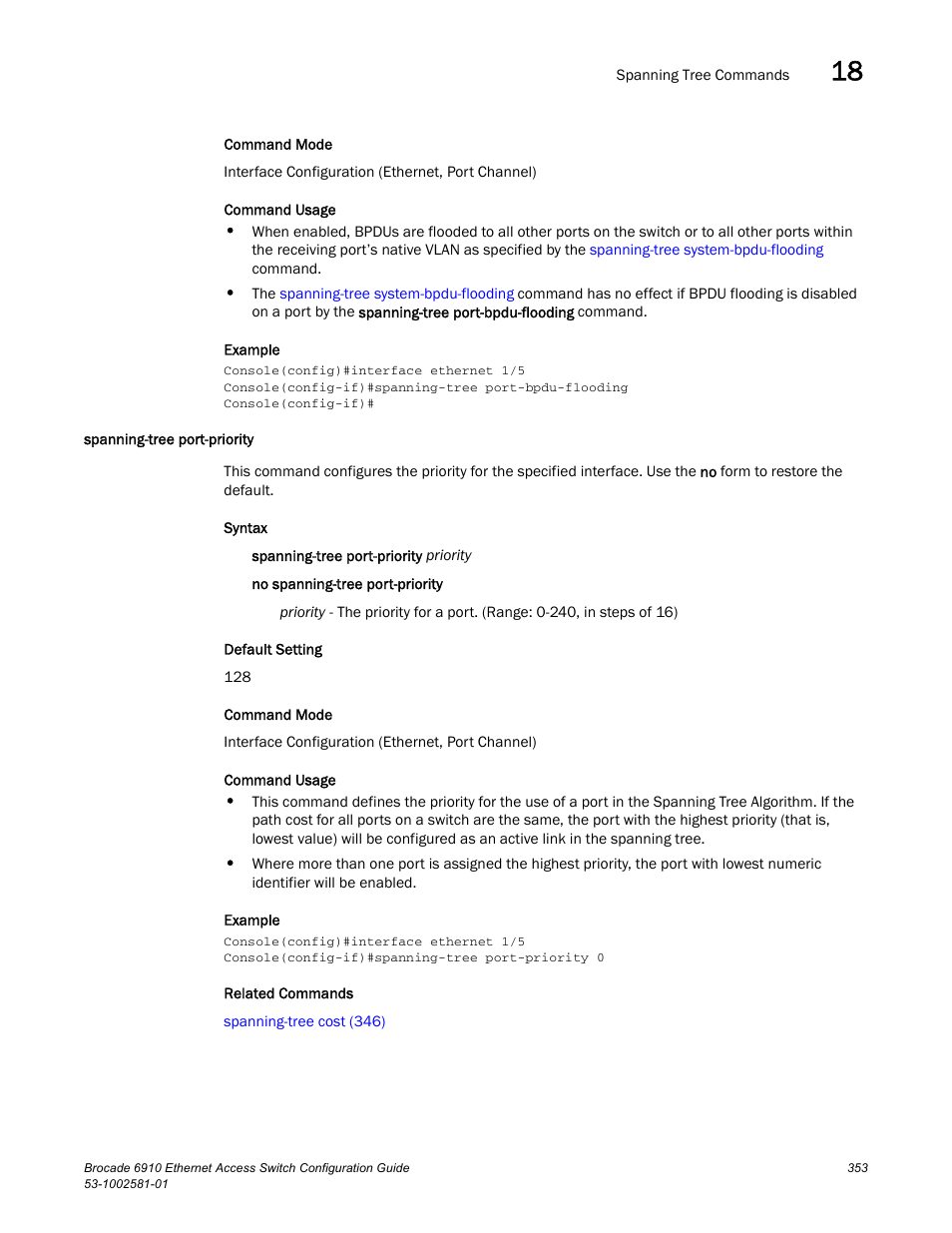 Spanning-tree port-priority | Brocade Communications Systems Brocate Ethernet Access Switch 6910 User Manual | Page 403 / 1200