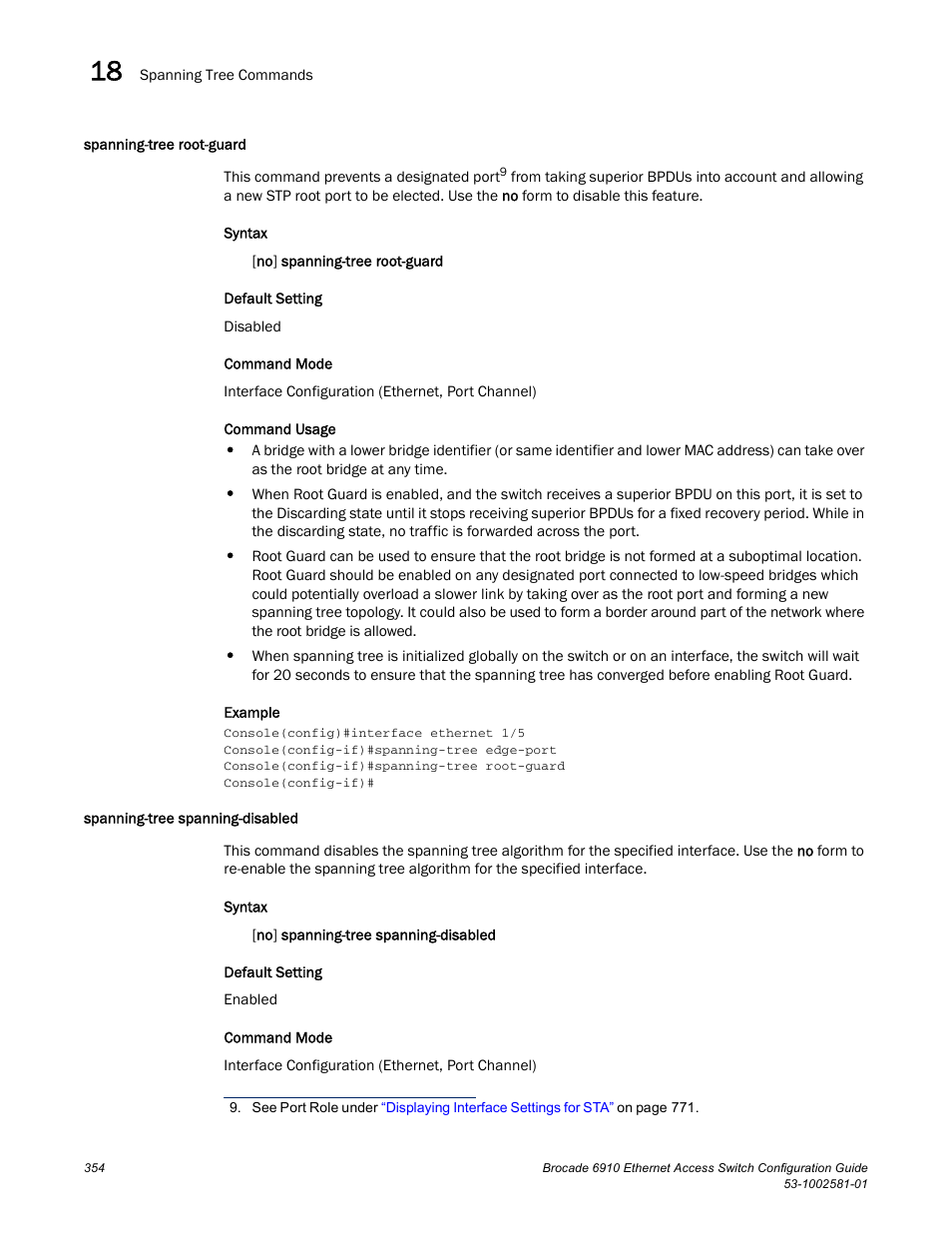 Spanning-tree root-guard, Spanning-tree spanning-disabled, Spanning-tree spanning-disabled (354) | Brocade Communications Systems Brocate Ethernet Access Switch 6910 User Manual | Page 404 / 1200