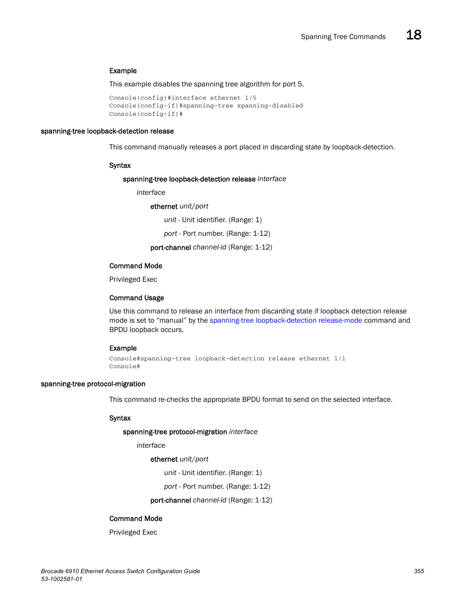 Spanning-tree loopback-detection release, Spanning-tree protocol-migration | Brocade Communications Systems Brocate Ethernet Access Switch 6910 User Manual | Page 405 / 1200