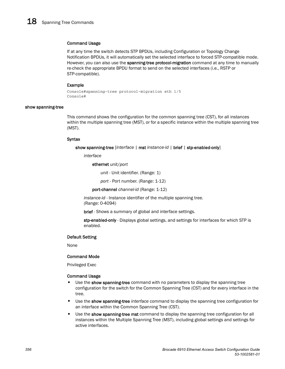 Show spanning-tree | Brocade Communications Systems Brocate Ethernet Access Switch 6910 User Manual | Page 406 / 1200